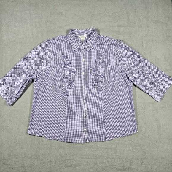 CJ Banks Shirt Womens Size 2x Button Front 3/4 Sleeve Purple Gingham Lightweight - Picture 1 of 11